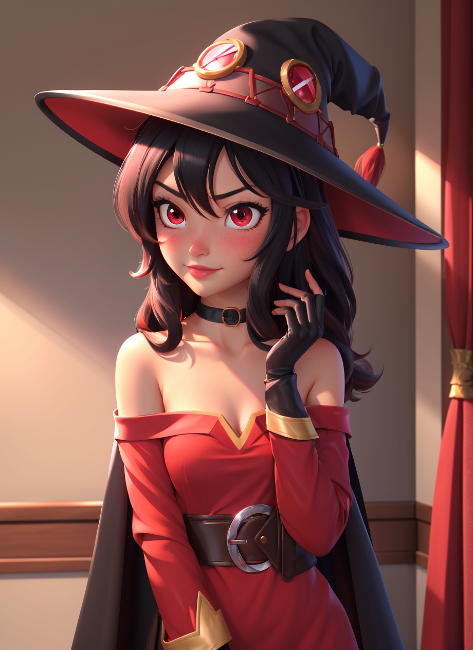 26072151-3423466242-megumin, 1girl, bare shoulders, black cape, black gloves, black hair, blush, cape, choker, collarbone, dress, hair between eyes,.png